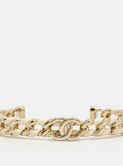 Chanel CC Leather Enamel Gold Tone Cuff Bracelet M