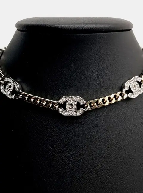 Chanel CC Logo Silver Crystals Chain Choker Necklace