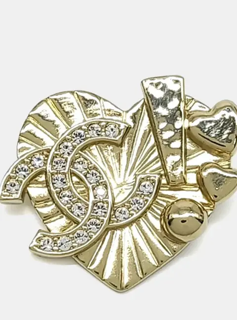 Chanel CC Heart Gold Crystal Brooch
