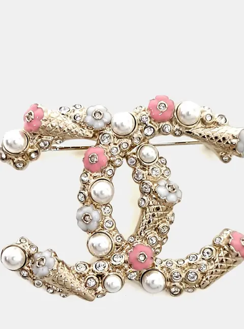 Chanel CC Logo Gold Crystals, Faux Pearl, Brooch