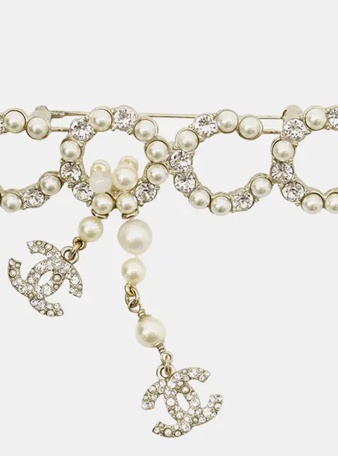 Chanel Cc Logo Brooch Champagne Gold Metal Faux Pearl Rhinestone