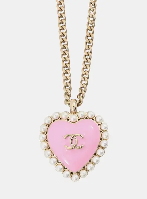 Chanel Heart Necklace Pink Metal Costume Pearl Resin