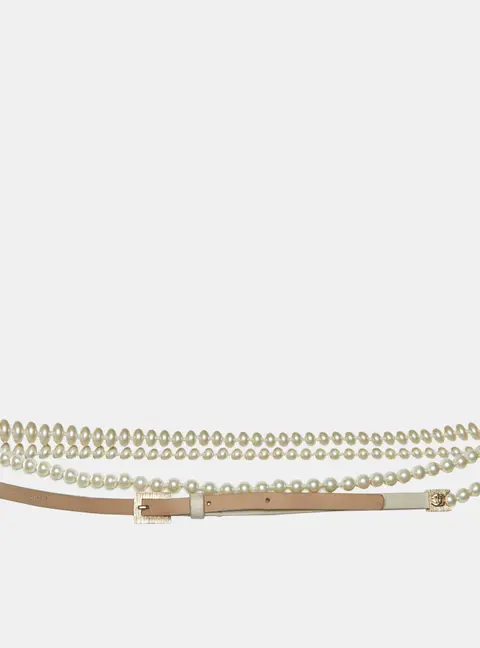 Chanel 80CM Beige Leather and Faux Pearl Ribbon CC Slider Waist Belt