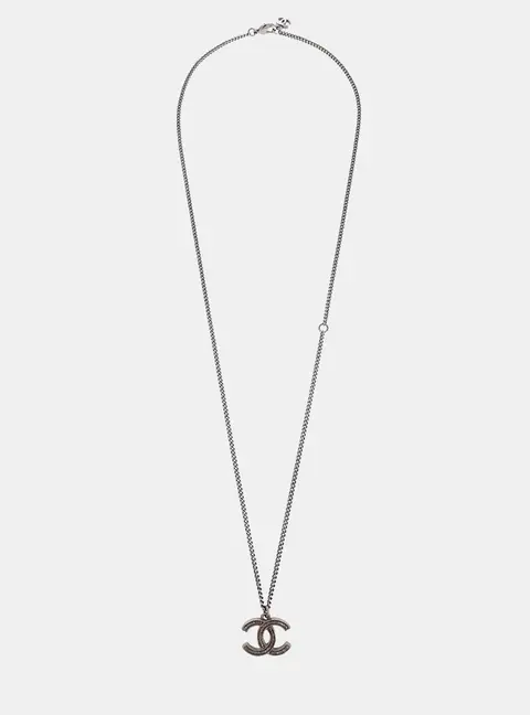 Chanel CC 15P Strass Silver Tone Metal Pendant Necklace
