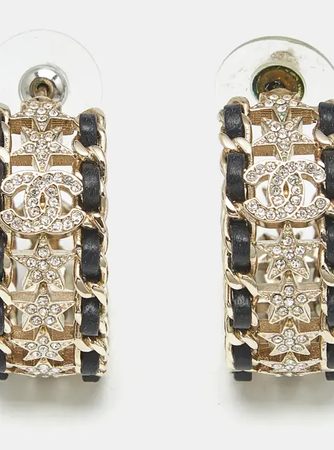 Chanel CC  Star Crystals Leather Gold Tone Earrings