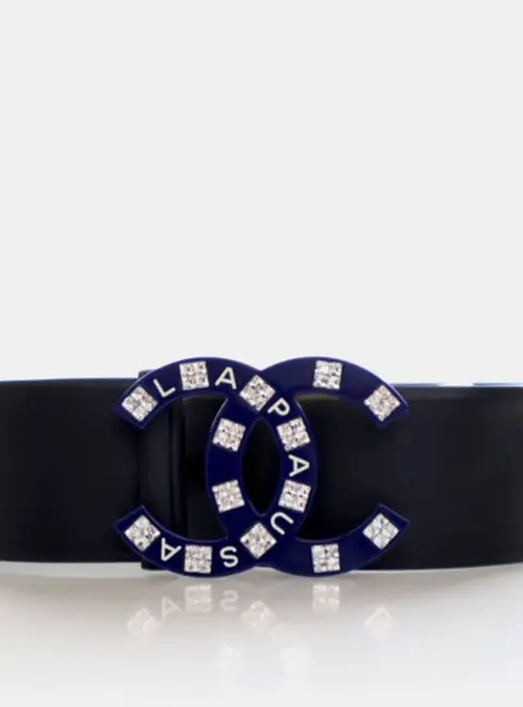 Chanel La Pausa Cruise 2019 CC 85/34 Black Dodger Blue Plexiglass Crystal Smooth Calfskin Leather Waist Belt