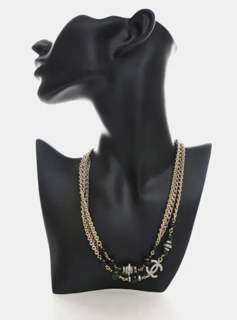 Chanel CC Black Bead Multi Layered Long Gold Metal Costume Necklace