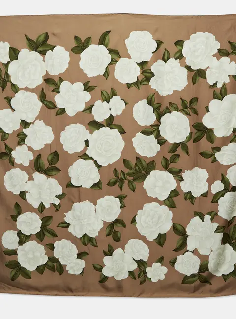 Chanel Vintage Beige/White Camellia Print Silk Square Scarf