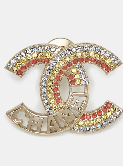 Chanel CC Crystal Rainbow Gold Tone Brooch Pin