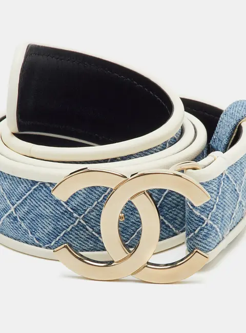 Chanel CC Logo 75CM Blue/White Quilted Denim and Leather Waist Belt
