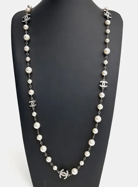 Chanel CC Pearl Silver Necklace