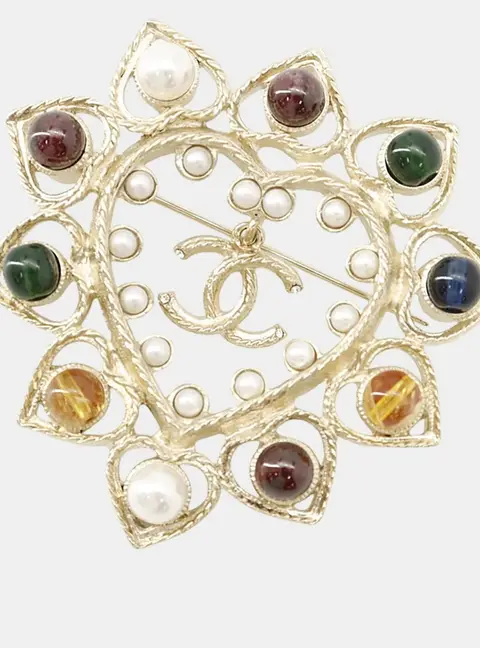 Chanel Cc Logo Color Stone Brooch Champagne Gold Gold Plated Rhinestone Faux Pearl Color Stone