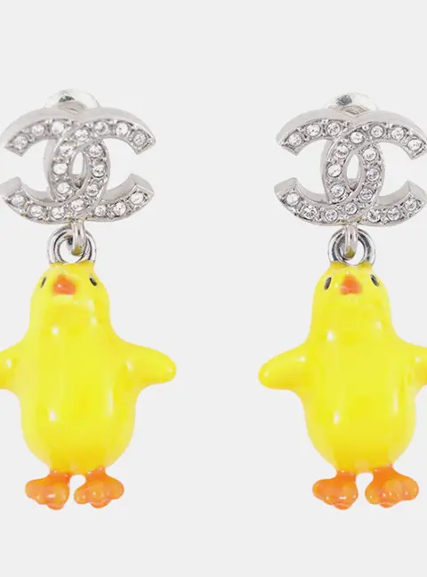 Chanel Cc Logo Chick Motif Earrings Silver/Yellow Gold Plated Resin Rhinestone
