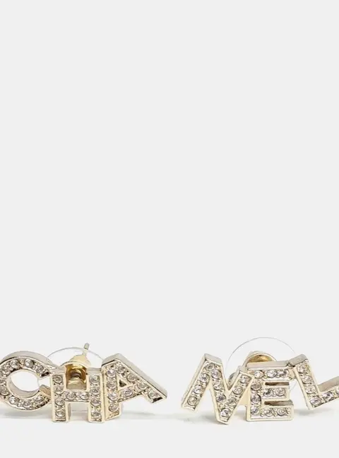 Chanel Logo Letter Studs Gold Crystals Earrings