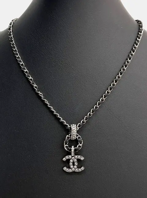 Chanel CC Silver Leather Chain Pendent Necklace