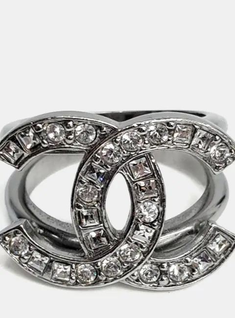 Chanel CC Logo Silver Crystals Ring