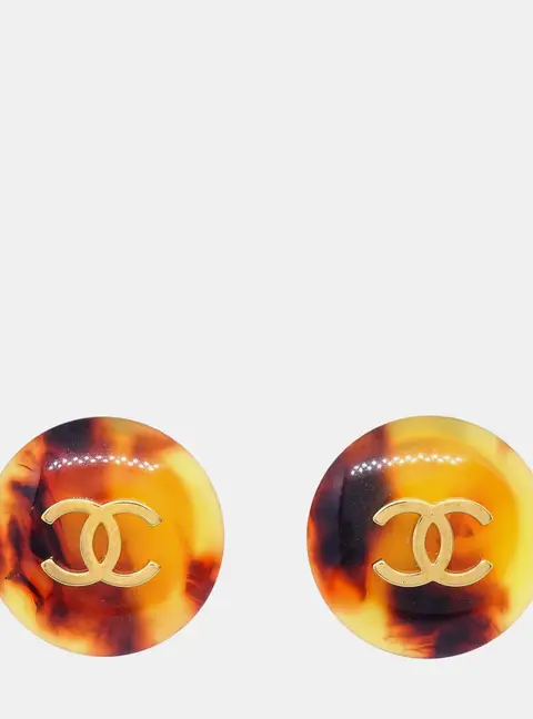 Chanel Vintage 97P Button CC Gold Brown Faux Tortoiseshell Women's Clip -On Earrings