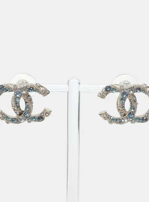 Chanel CC Silver/Blue Gold Tone Earrings AB1221