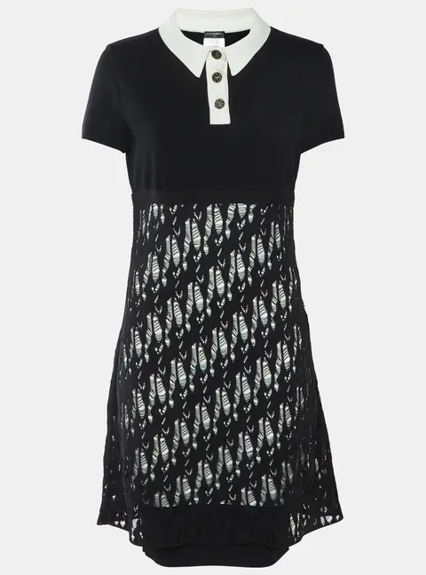 Chanel Black Cotton Distressed Knit Overlay Polo Dress M