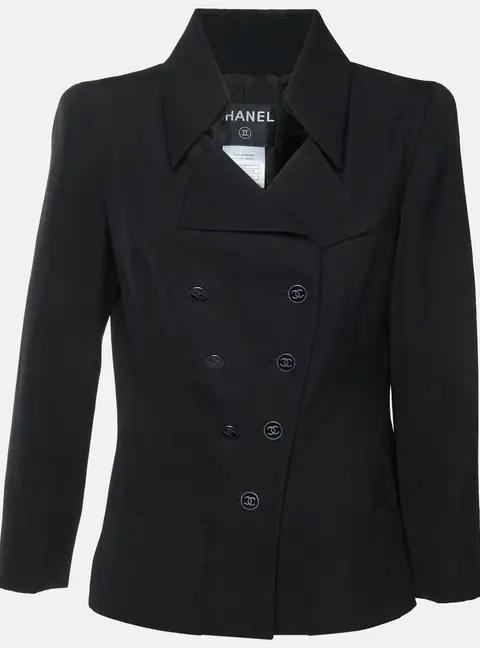 Chanel Black Wool Double Breasted Tailored Blazer L