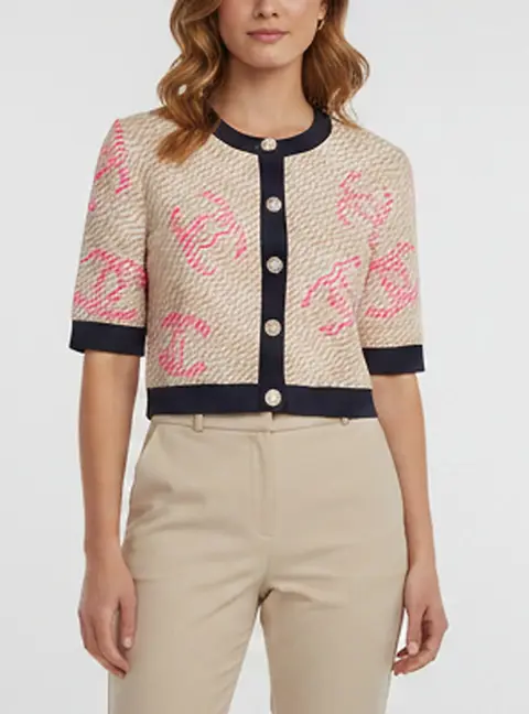 Chanel Beige Wavy Logo Jacquard Knit Cropped Cardigan M