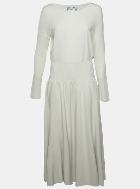 Chanel Cream Ribbed Knit Long Sleeves Midi Dress M