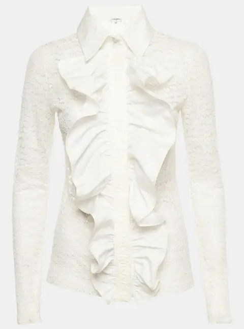 Chanel White Lace Ruffled Button Down Blouse M