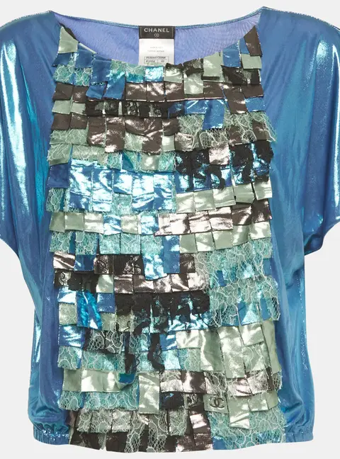 Chanel Blue Metallic Mosaic Lace Fringed Crewneck Top L