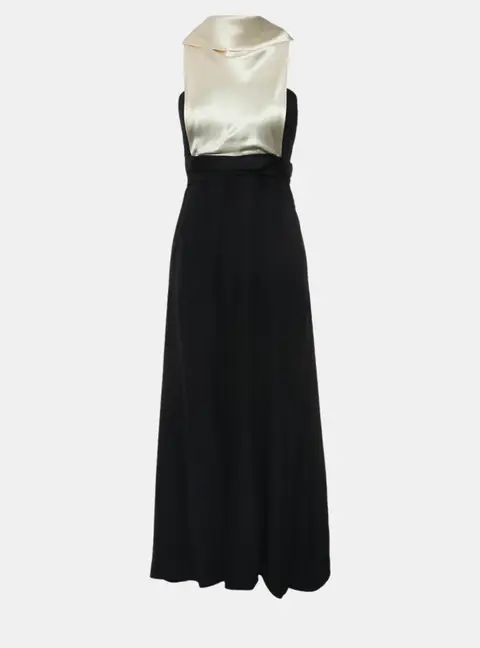 Chanel Vintage 94P Beige Black Satin Cowl Neck Two -Tone Midi Dress M