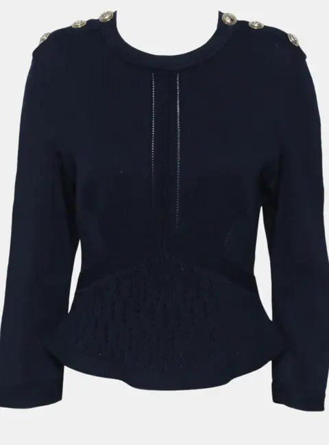 Chanel 21C Capri Pointelle Dark Blue Cotton Gold CC Button Women's Peplum Sweater S