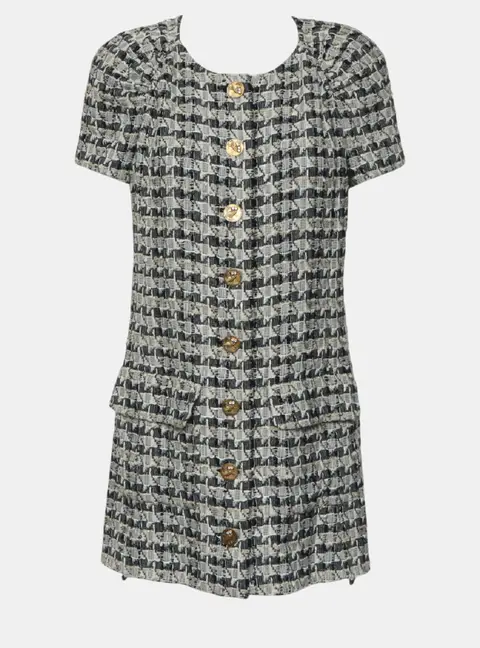 Chanel Navy Blue, White Tweed Button Up Dress M