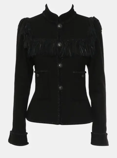 Chanel Paris -Dallas 2014 Leather Fringe Wool Jacket 38 Black