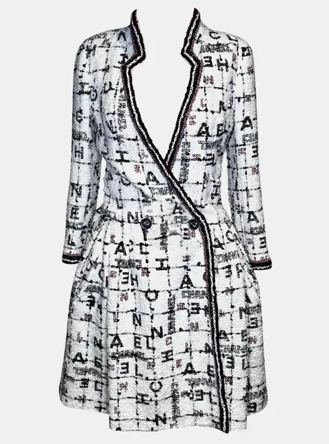 Chanel Alphabet Typographic 20S White Black Polyamide Tweed Midi Dress Coat