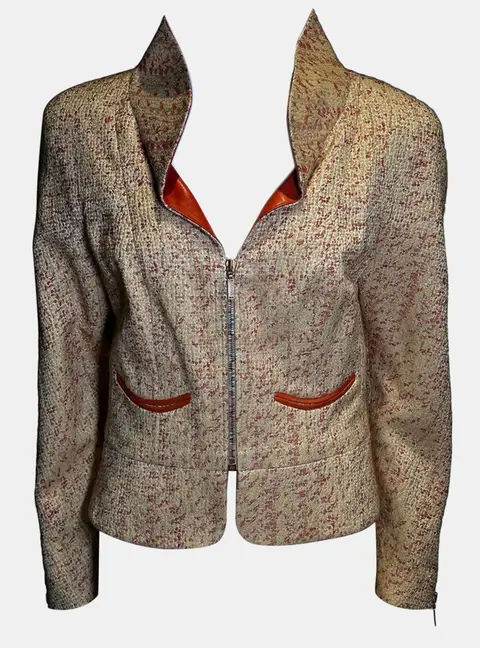 Chanel Salmon Boucle Zipped Up Wool Women's Jacket L
