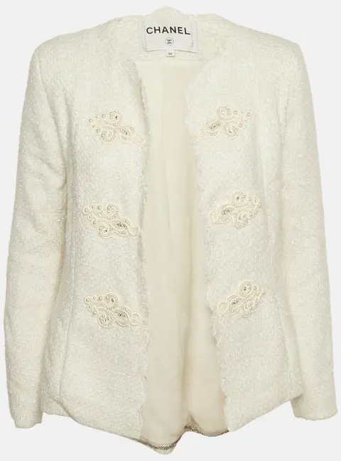 Chanel White Tweed Beads Embellished Jacket S