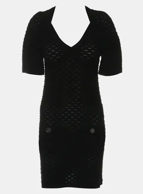 Chanel 15C Dubai Textured Knit Black Viscose Polyester Women's Mini Dress Size S