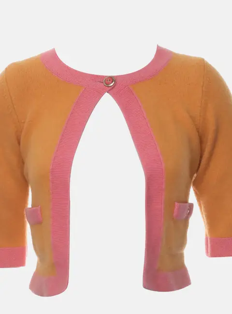 Chanel Contrast -Trim Cashmere Single Buttoned Cardigan S Orange Pink Tops Women