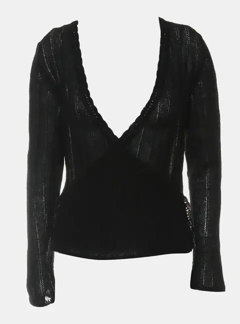 Chanel Black Mohair Blend Pointelle Lace Trim V Neck Women's Cardigan