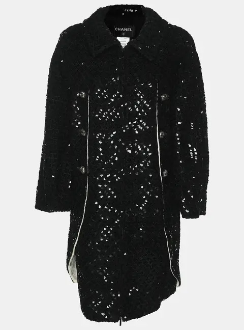 Chanel Black Sequin Tweed Camelia Coat M