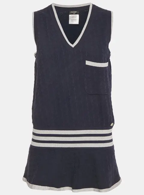 Chanel Navy Blue Patterned Cotton Knit Flared Long Vest M