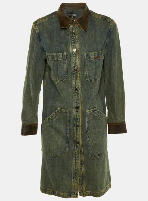 Chanel Blue Denim & Leather Collar Button Front Coat M