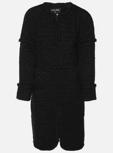 Chanel Black Tweed Mid Length Coat L