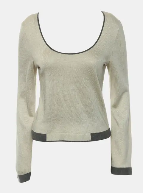 Chanel Contrast Trim Beige Viscose Blend Long Sleeve Knitted Top S