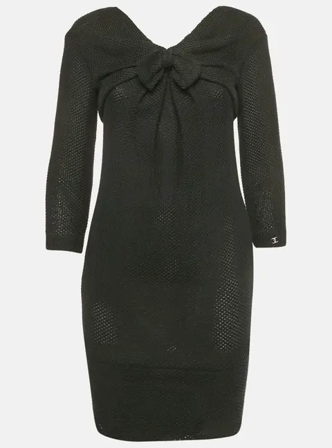 Chanel Vintage Black Cotton Knit Bow Detail Mini Dress S