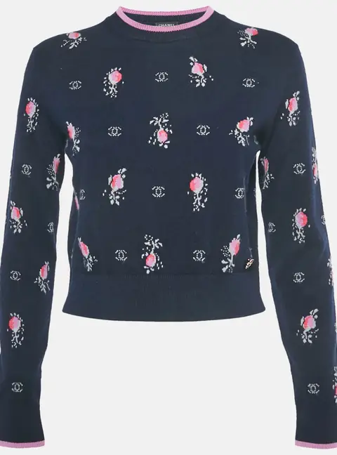 Chanel Navy Blue Patterned Cashmere Sweater S