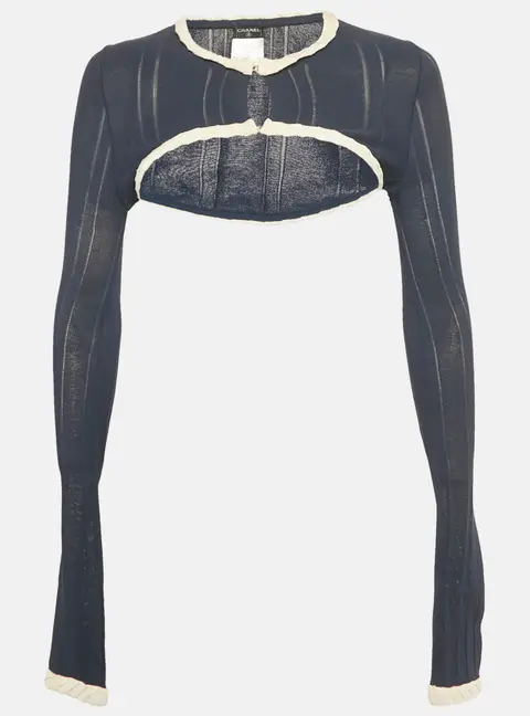 Chanel Navy Blue Knit Long Sleeve Crop Top S
