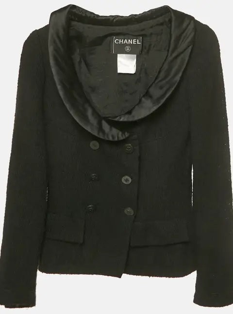 Chanel Black Satin Collar Tweed Jacket S