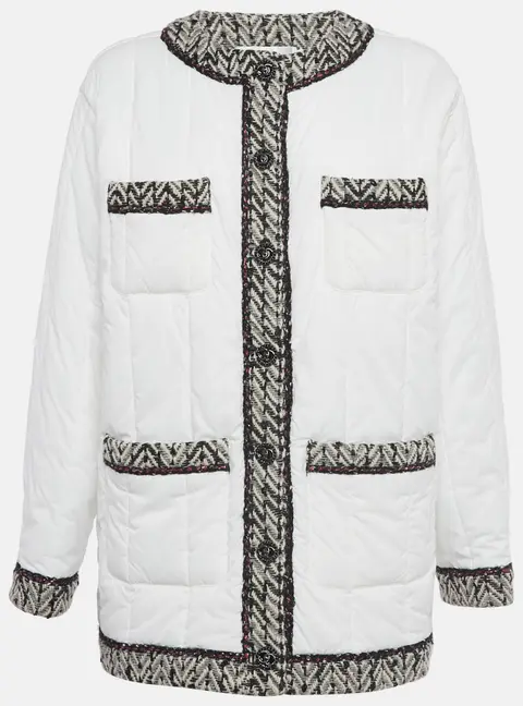 Chanel White Tweed Trim Nylon Puffer Jacket XL