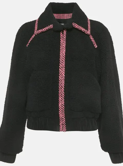 Chanel Black Logo Embroidered Shearling Zip-Up Jacket S