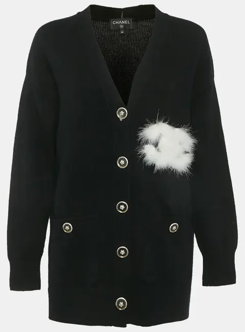 Chanel Black CC Feather Trim Cashmere Cardigan S